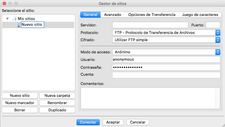 Añadir sitio a Filezilla