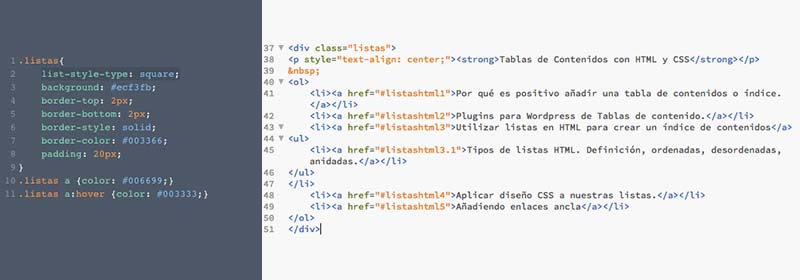 HTML y CSS para tabla de contenidos